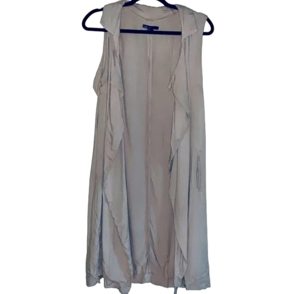 Maddy K Duster Sleeveless Long Tan Open Drape Collar, Medium